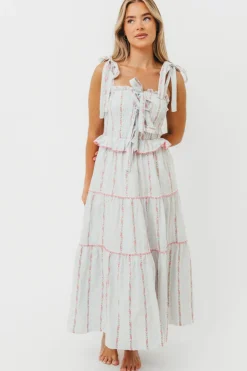 Clearance Worth Collective Tamara Tiered Floral Embroidered Maxi Dress in Pink Flower