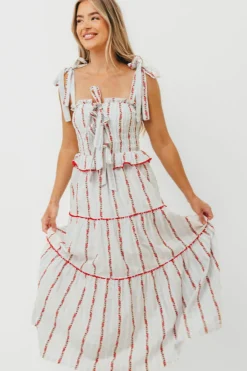 Best Worth Collective Tamara Tiered Floral Embroidered Maxi Dress in Red Flower