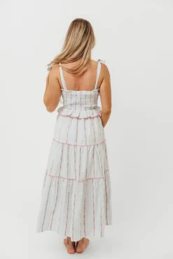 Clearance Worth Collective Tamara Tiered Floral Embroidered Maxi Dress in Pink Flower