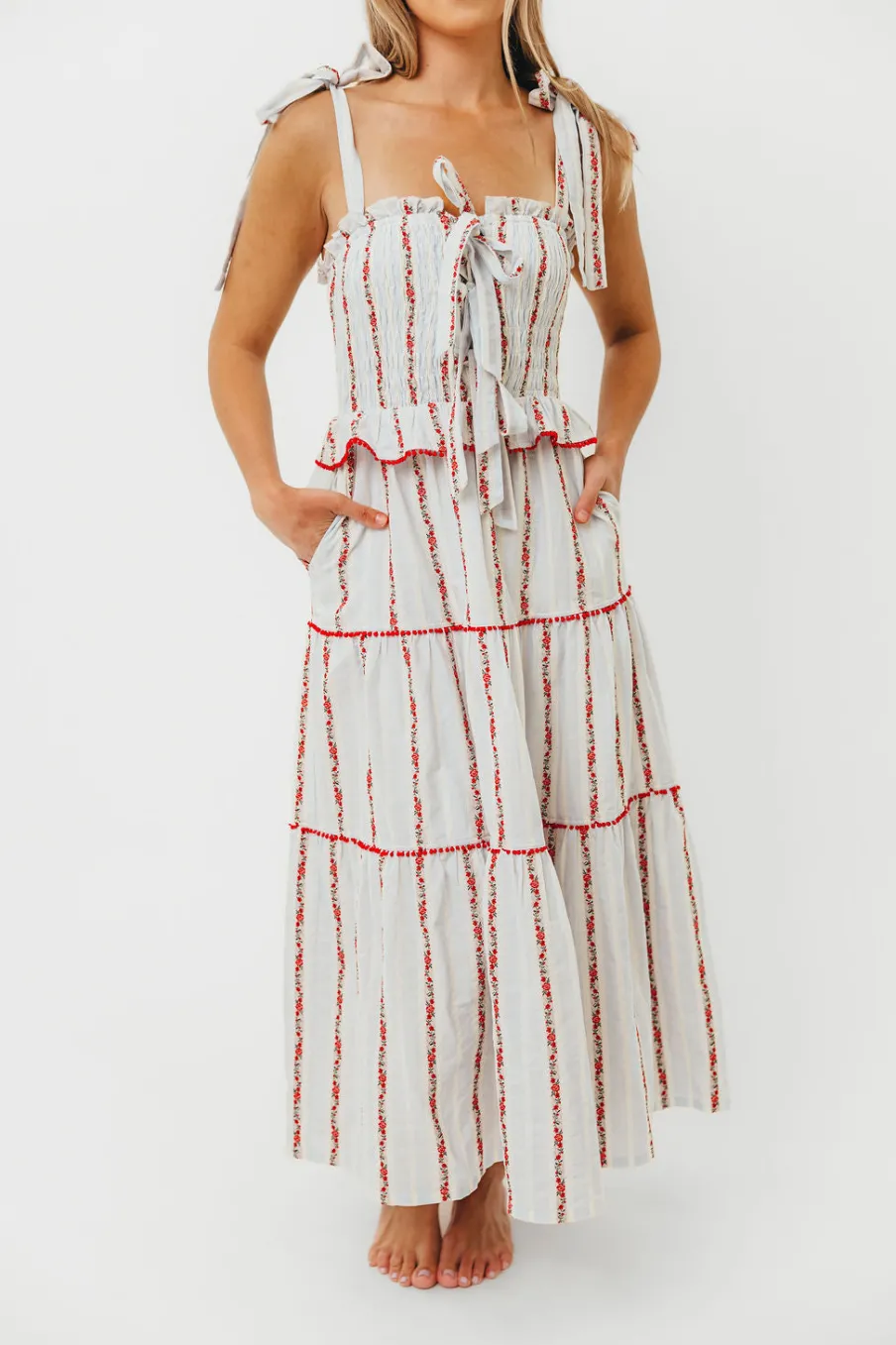 Best Worth Collective Tamara Tiered Floral Embroidered Maxi Dress in Red Flower