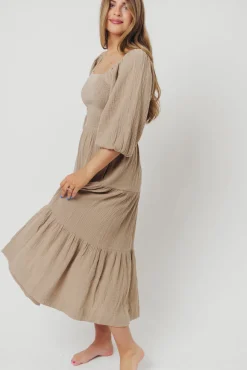 Best Worth Collective Taylor Cotton Smocked Midi Dress with Tiered Skirt in Pumice - Inclusi