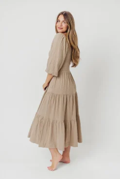 Best Worth Collective Taylor Cotton Smocked Midi Dress with Tiered Skirt in Pumice - Inclusi