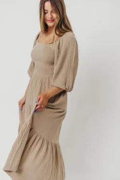 Best Worth Collective Taylor Cotton Smocked Midi Dress with Tiered Skirt in Pumice - Inclusi