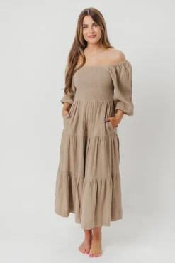 Best Worth Collective Taylor Cotton Smocked Midi Dress with Tiered Skirt in Pumice - Inclusi