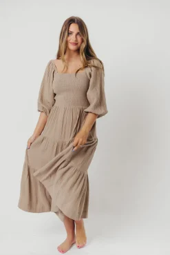 Best Worth Collective Taylor Cotton Smocked Midi Dress with Tiered Skirt in Pumice - Inclusi