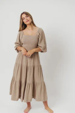 Best Worth Collective Taylor Cotton Smocked Midi Dress with Tiered Skirt in Pumice - Inclusi