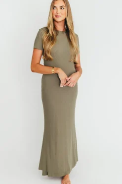 New Worth Collective The Charlie Ribbed Maxi Dress in Dusty Olive Green - Bump Friendly