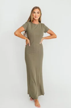 New Worth Collective The Charlie Ribbed Maxi Dress in Dusty Olive Green - Bump Friendly