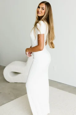 New Worth Collective The Charlie Ribbed Maxi Dress in White - Bump Friendly