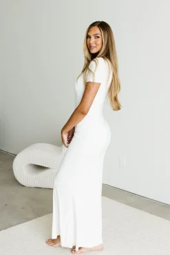 New Worth Collective The Charlie Ribbed Maxi Dress in White - Bump Friendly