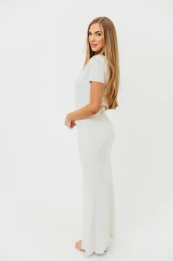 New Worth Collective The Charlie Ribbed Maxi Dress in White - Bump Friendly