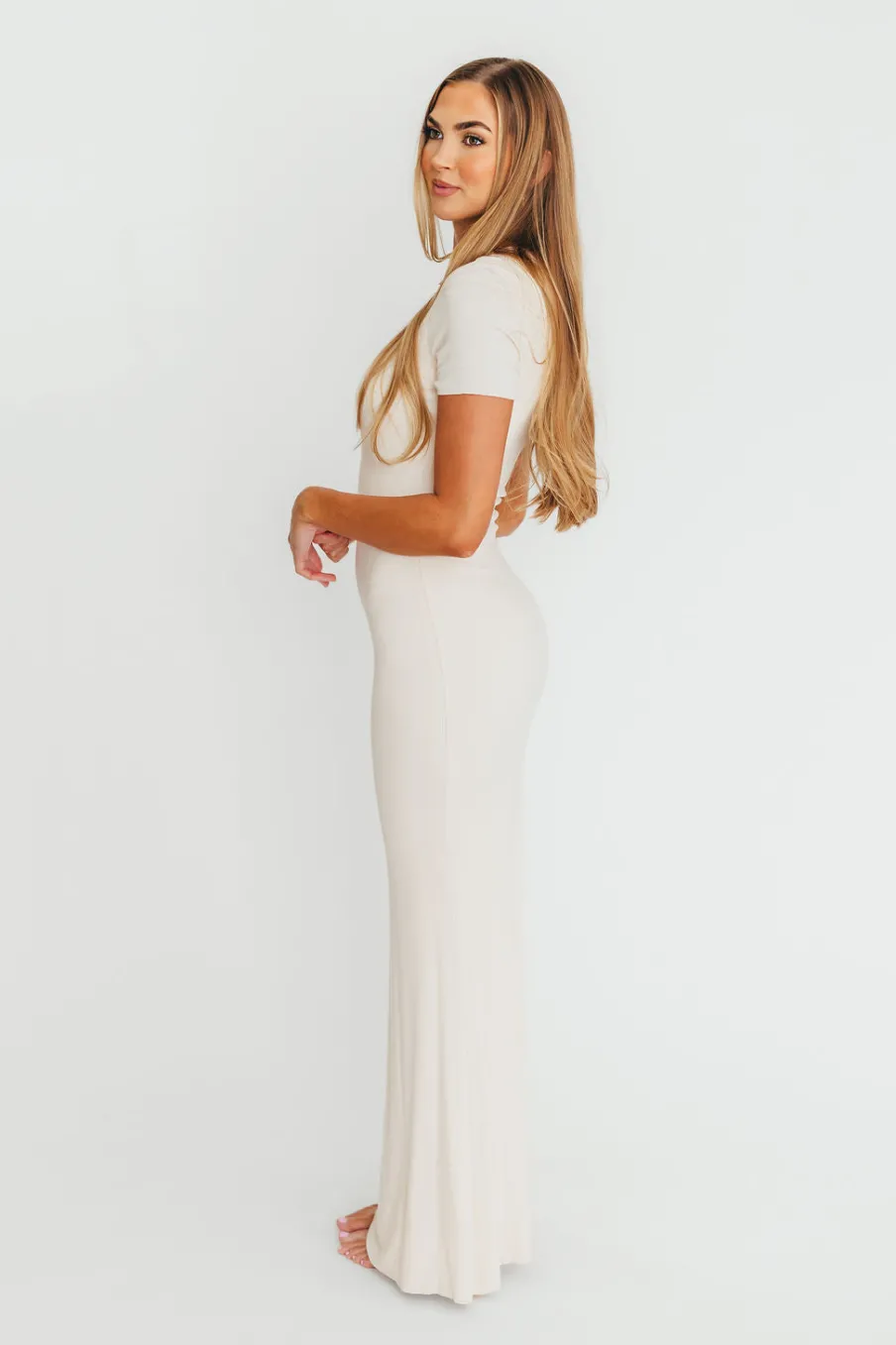 Online Worth Collective The Charlie Ribbed Maxi Dress in Light Peach - Bump Friendly