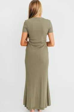 New Worth Collective The Charlie Ribbed Maxi Dress in Dusty Olive Green - Bump Friendly