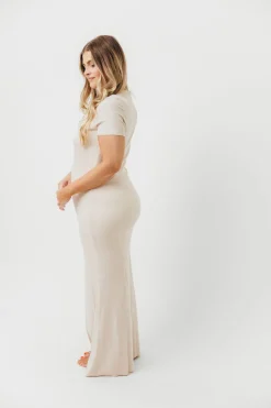 Online Worth Collective The Charlie Ribbed Maxi Dress in Light Peach - Bump Friendly