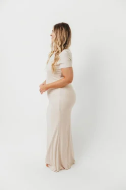 Online Worth Collective The Charlie Ribbed Maxi Dress in Light Peach - Bump Friendly