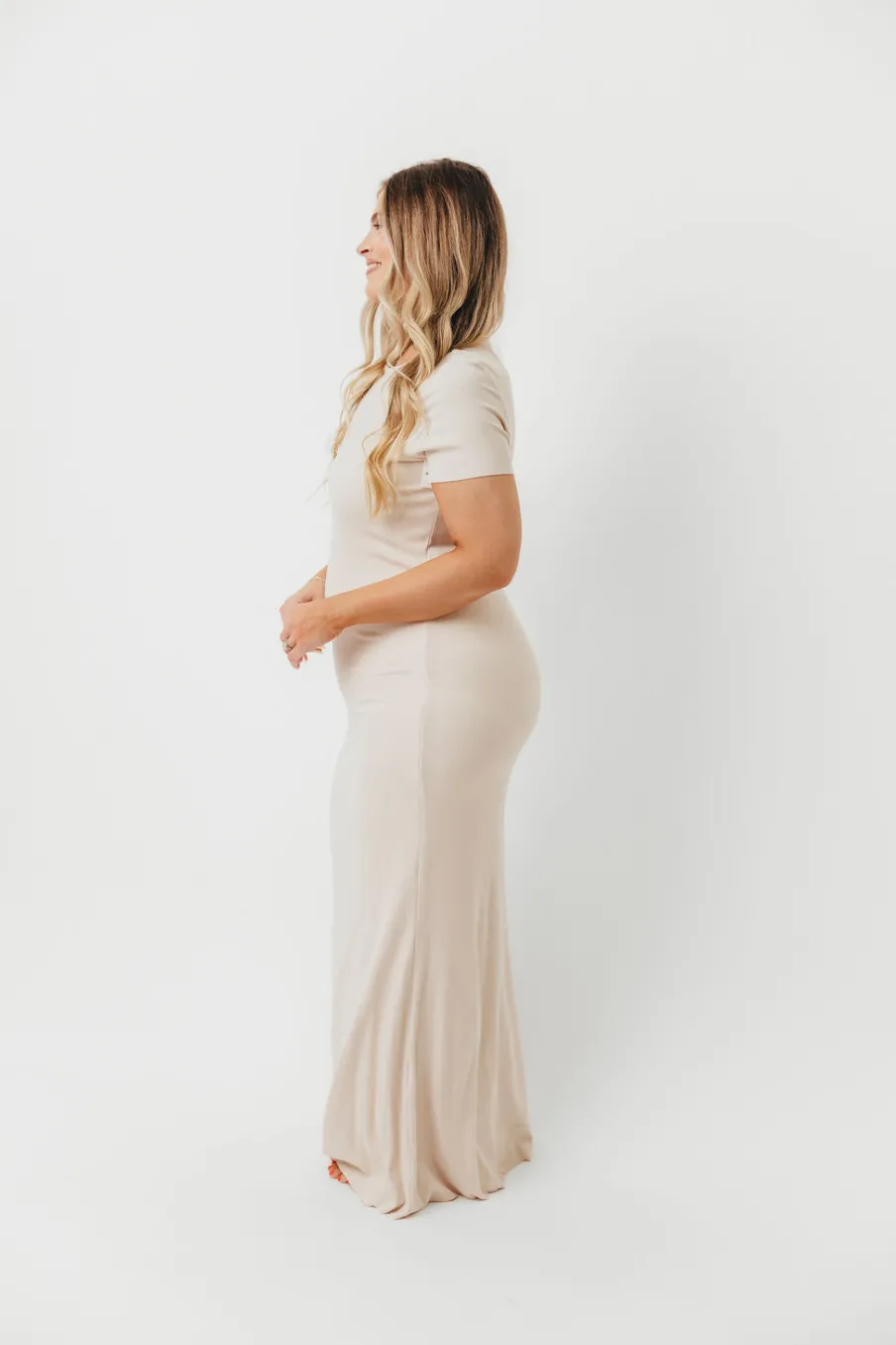 Online Worth Collective The Charlie Ribbed Maxi Dress in Light Peach - Bump Friendly