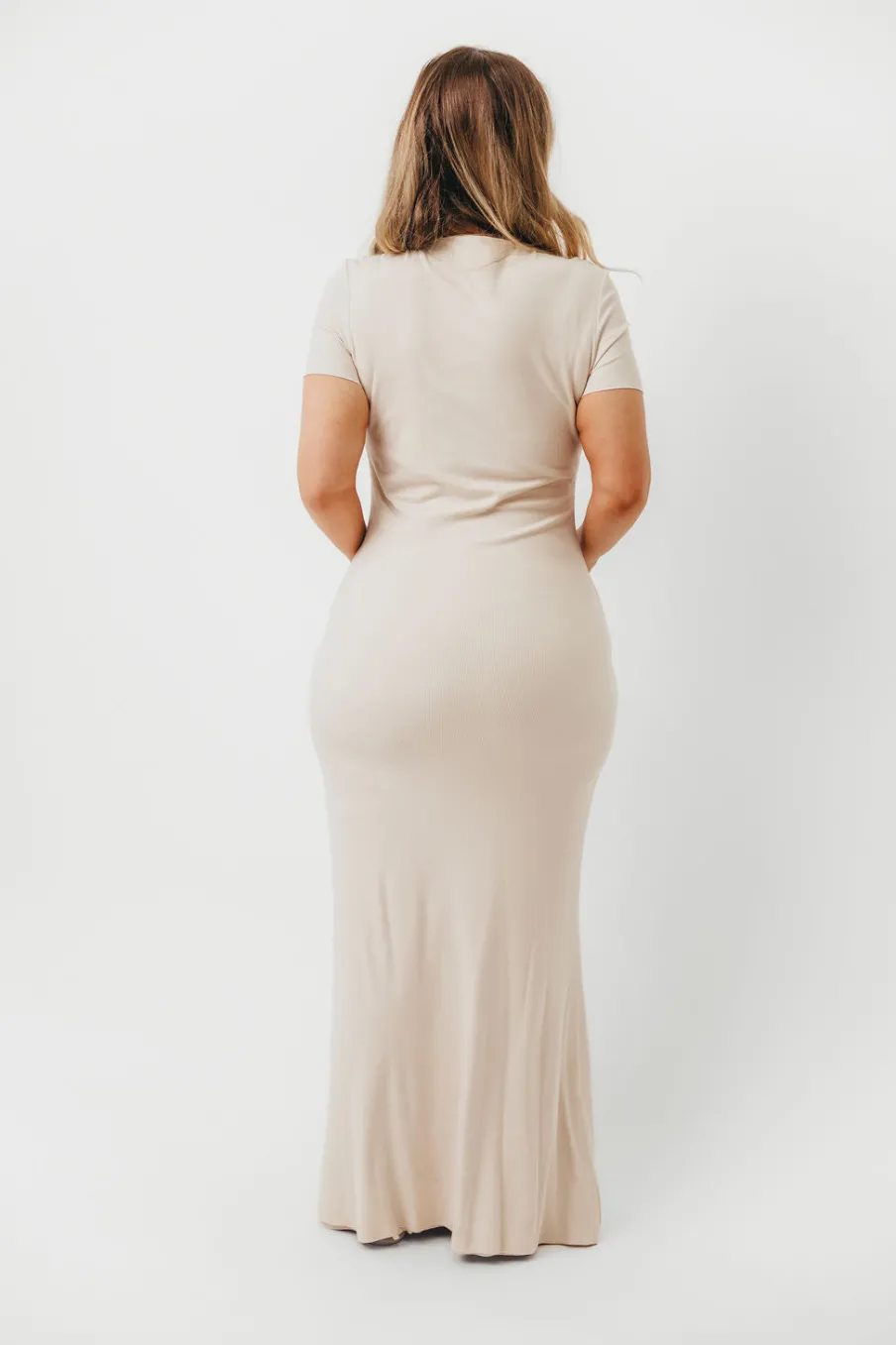 Online Worth Collective The Charlie Ribbed Maxi Dress in Light Peach - Bump Friendly