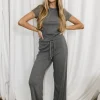 Outlet Worth Collective The Muse Knit Ribbed Short Sleeve Top & Pants Set in Charcoal