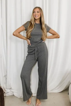 Outlet Worth Collective The Muse Knit Ribbed Short Sleeve Top & Pants Set in Charcoal