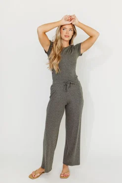 Outlet Worth Collective The Muse Knit Ribbed Short Sleeve Top & Pants Set in Charcoal