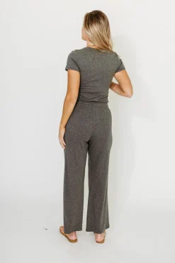 Outlet Worth Collective The Muse Knit Ribbed Short Sleeve Top & Pants Set in Charcoal