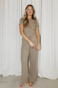 Fashion Worth Collective The Muse Knit Ribbed Short Sleeve Top & Pants Set in Mocha