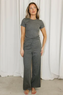Outlet Worth Collective The Muse Knit Ribbed Short Sleeve Top & Pants Set in Charcoal