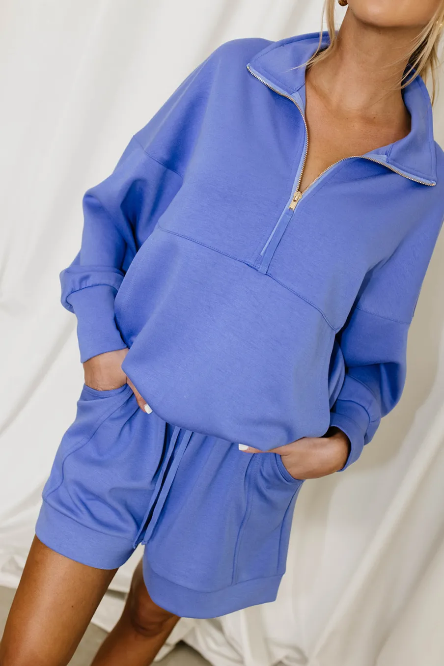 Best Worth Collective Turner "Butter Modal" Quarter Zip Up Pullover Top in Cornflower Blue