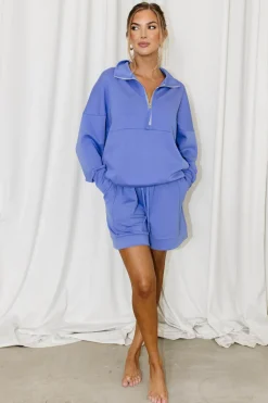 Best Worth Collective Turner "Butter Modal" Quarter Zip Up Pullover Top in Cornflower Blue