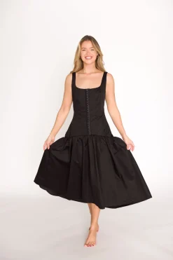 Clearance Worth Collective Violet Corset Style Drop Waist Midi Dress in Black