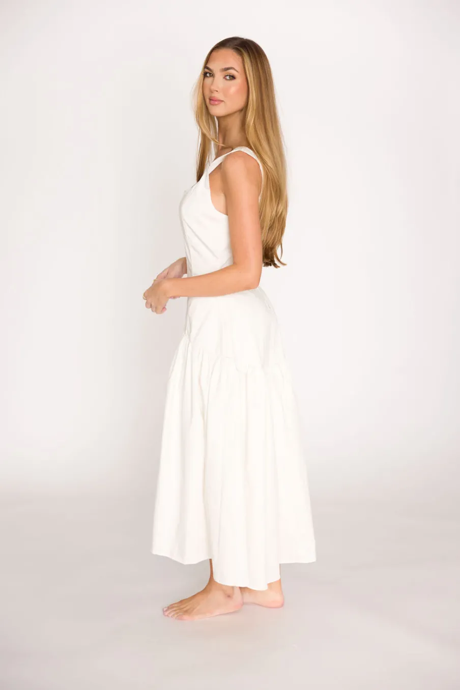 Hot Worth Collective Violet Corset Style Drop Waist Midi Dress in Off-White