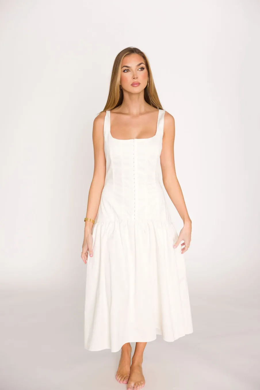 Hot Worth Collective Violet Corset Style Drop Waist Midi Dress in Off-White