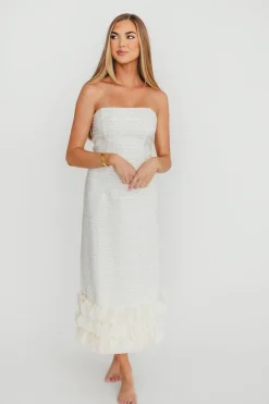Fashion Worth Collective Whitney Tweed Strapless Maxi Dress in Off-White