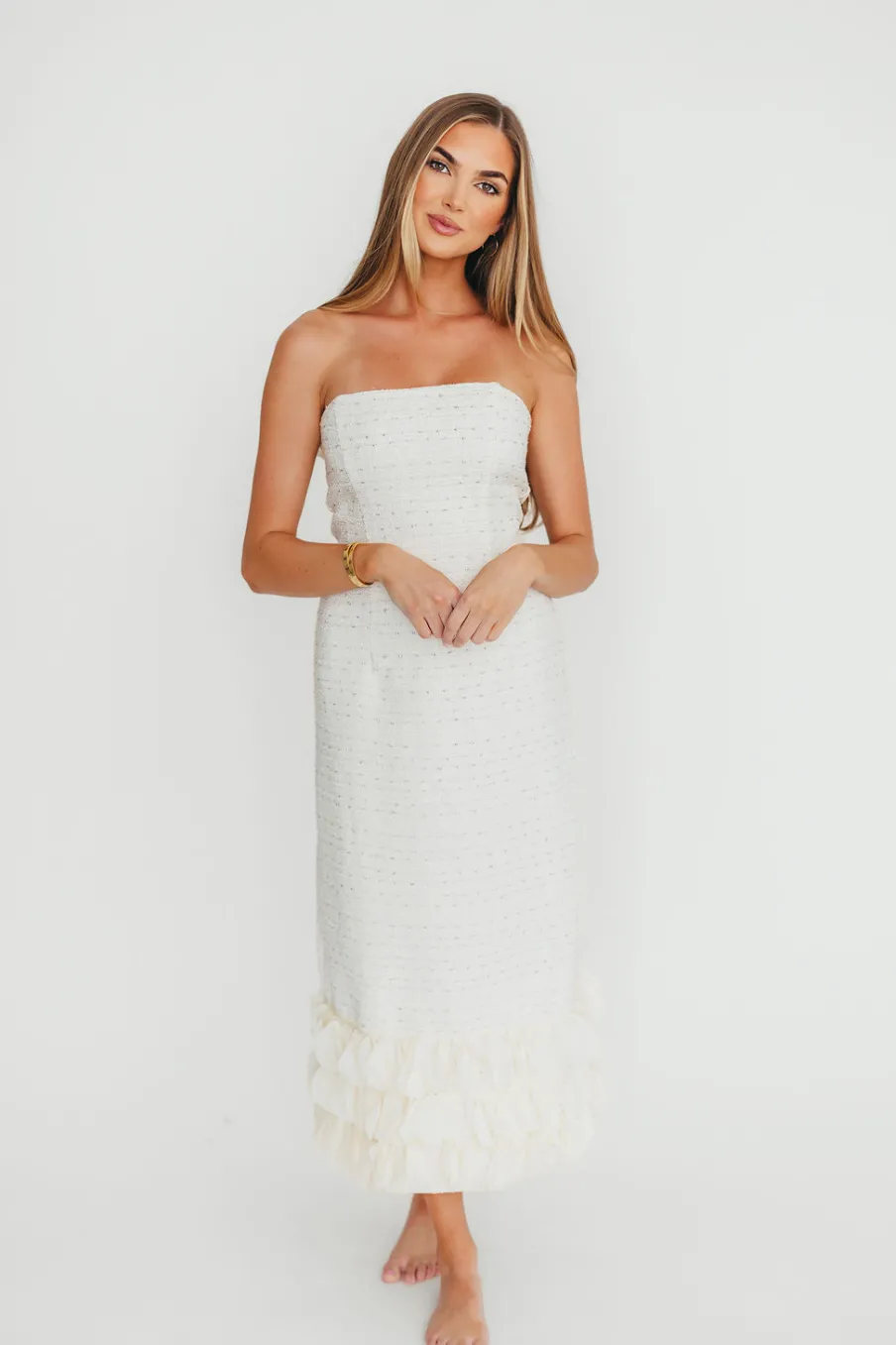 Fashion Worth Collective Whitney Tweed Strapless Maxi Dress in Off-White