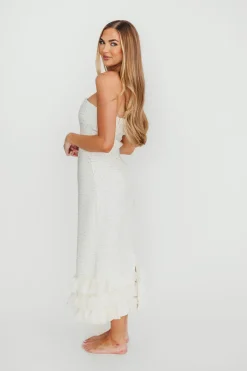 Fashion Worth Collective Whitney Tweed Strapless Maxi Dress in Off-White