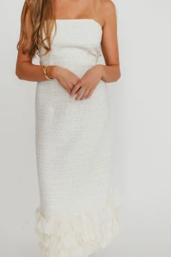 Fashion Worth Collective Whitney Tweed Strapless Maxi Dress in Off-White