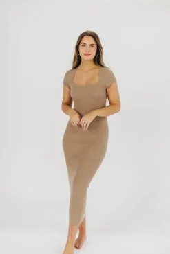 Sale Worth Collective Wren Ribbed Knit Maxi Dress with Square Neckline in Taupe (XS-XL) - Wo