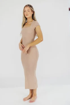 Clearance Worth Collective Wren Ribbed Knit Maxi Dress with Square Neckline in Dusty Blush (XS-XL