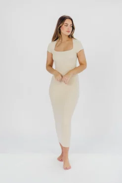 Sale Worth Collective Wren Ribbed Knit Maxi Dress with Square Neckline in Cream (XS-XL) - Wo
