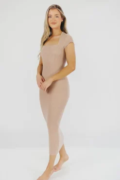 Clearance Worth Collective Wren Ribbed Knit Maxi Dress with Square Neckline in Dusty Blush (XS-XL