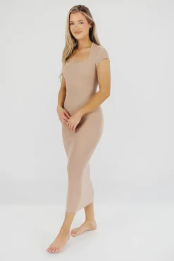 Clearance Worth Collective Wren Ribbed Knit Maxi Dress with Square Neckline in Dusty Blush (XS-XL