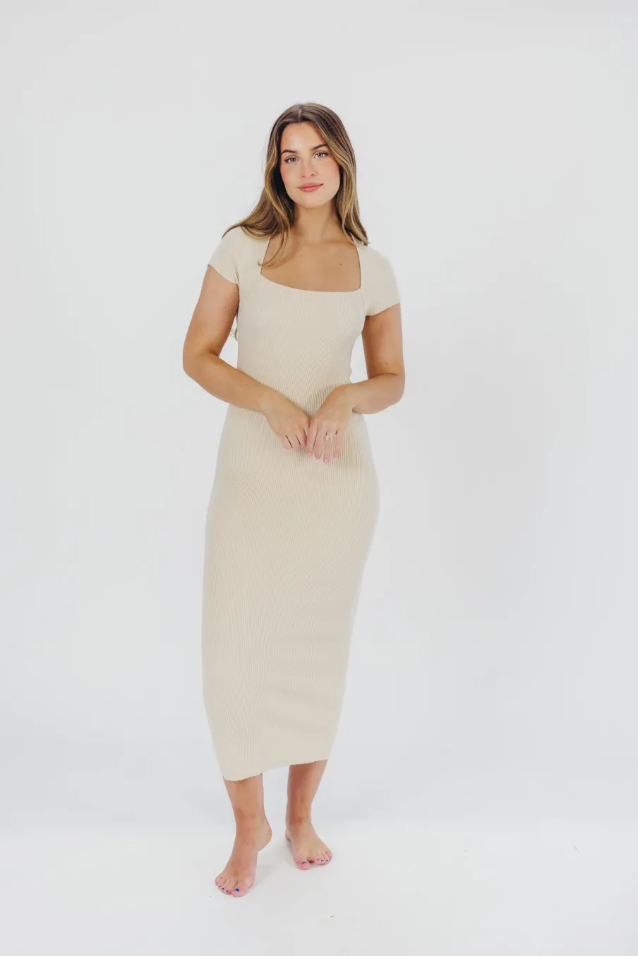 Sale Worth Collective Wren Ribbed Knit Maxi Dress with Square Neckline in Cream (XS-XL) - Wo