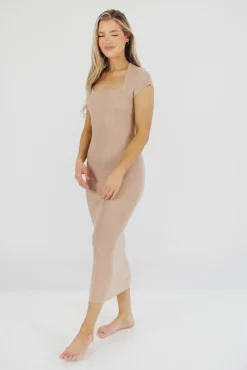 Clearance Worth Collective Wren Ribbed Knit Maxi Dress with Square Neckline in Dusty Blush (XS-XL