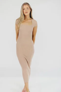 Clearance Worth Collective Wren Ribbed Knit Maxi Dress with Square Neckline in Dusty Blush (XS-XL