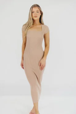 Clearance Worth Collective Wren Ribbed Knit Maxi Dress with Square Neckline in Dusty Blush (XS-XL
