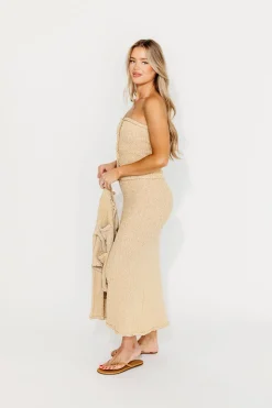 New Worth Collective Yara Braided-Trim Sweater Midi Skirt in Beige