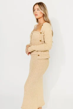 New Worth Collective Yara Braided-Trim Sweater Midi Skirt in Beige