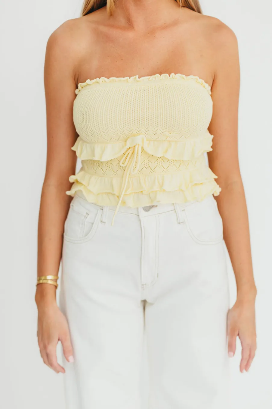 Online Worth Collective Zayne Cardigan and Strapless Tube Top and Sweater Set in Yellow