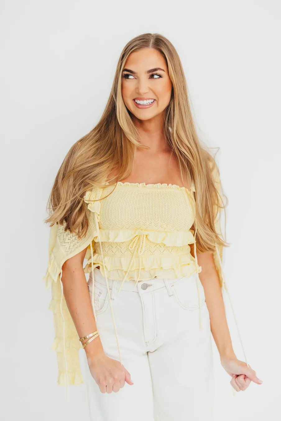 Online Worth Collective Zayne Cardigan and Strapless Tube Top and Sweater Set in Yellow
