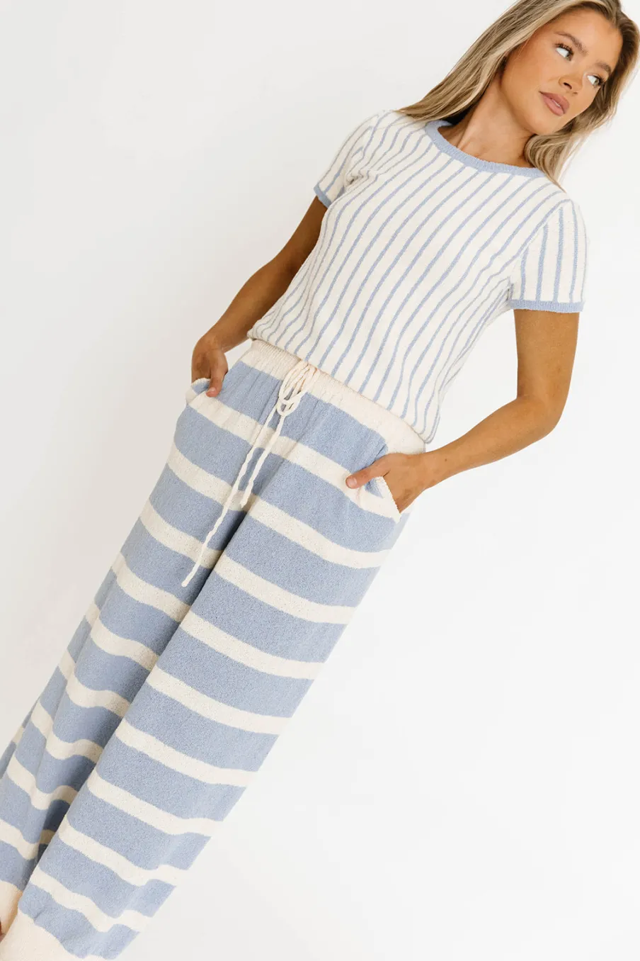 Hot Worth Collective Zelie Relaxed Sweater Set in Blue/Ivory